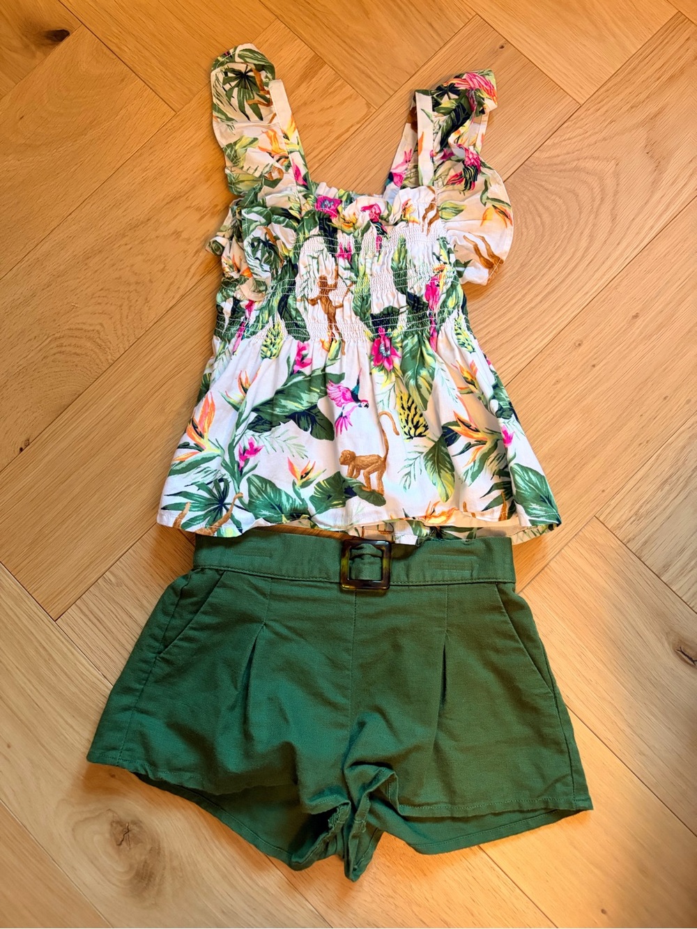 Janie & Jack Tropic of Conversation Jungle Print Flutter Top & Green Shorts